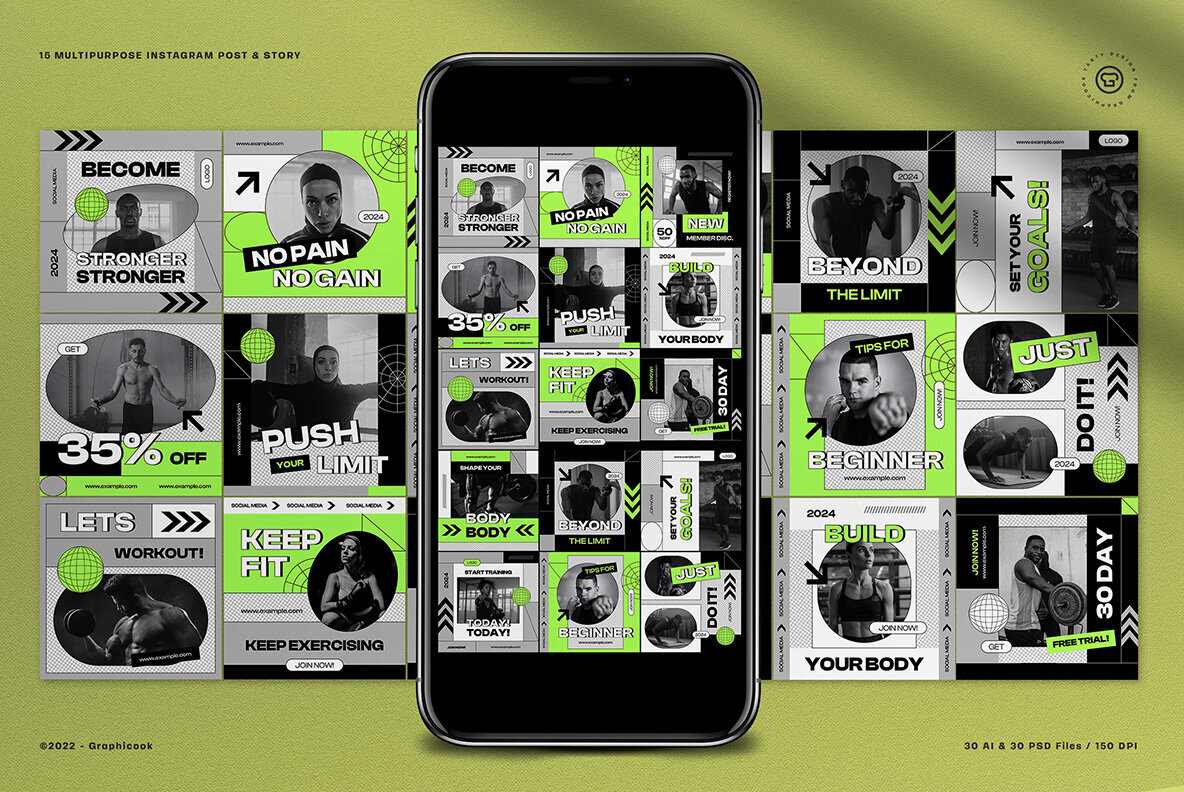 Green and Gray Edgy Hypebeast Gym Instagram Pack 2