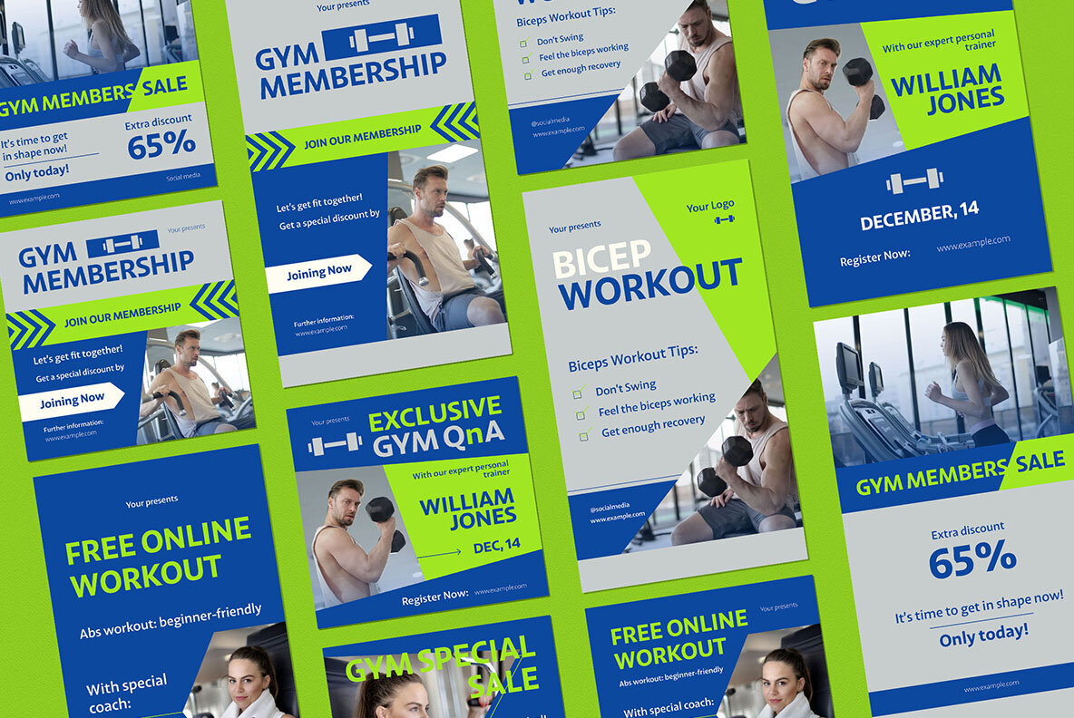 Blue Modern Gym Instagram Pack Graphics - YouWorkForThem