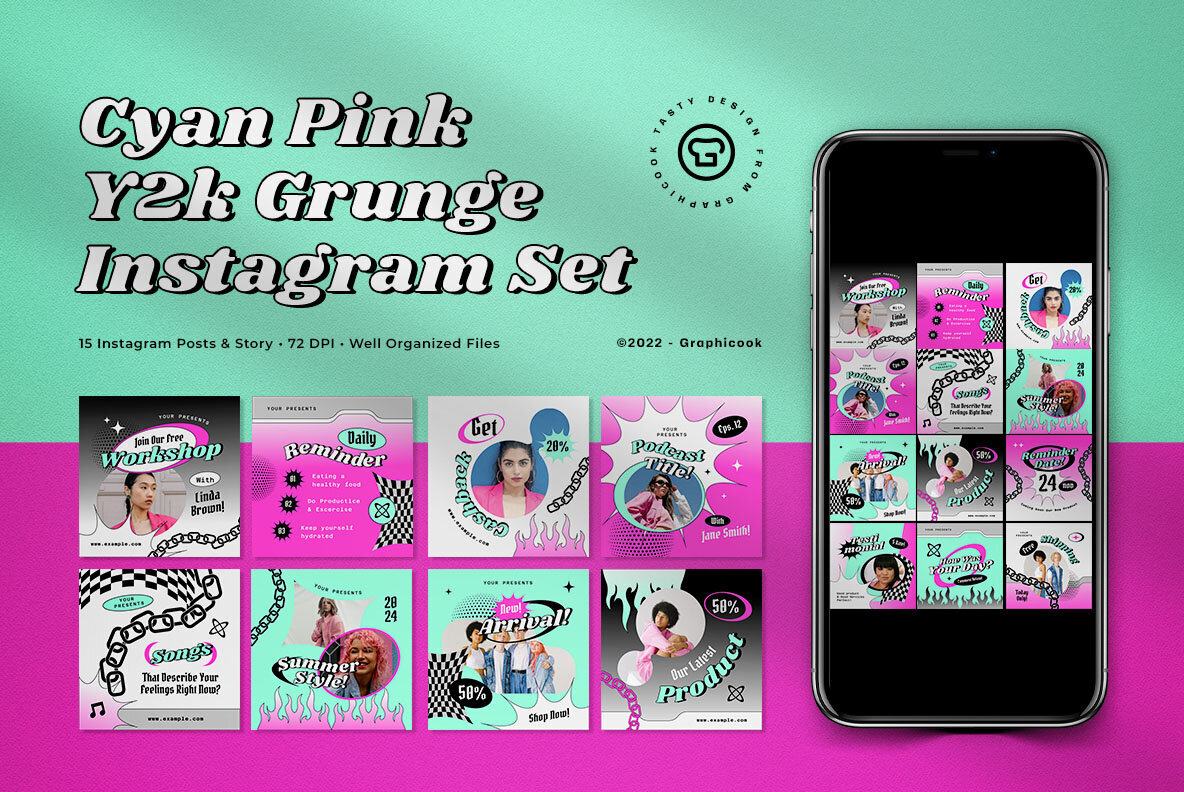Cyan Pink Y2K Grunge Engagement Instagram Pack 1