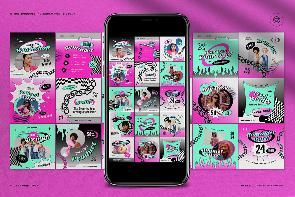 Cyan Pink Y2K Grunge Engagement Instagram Pack 2