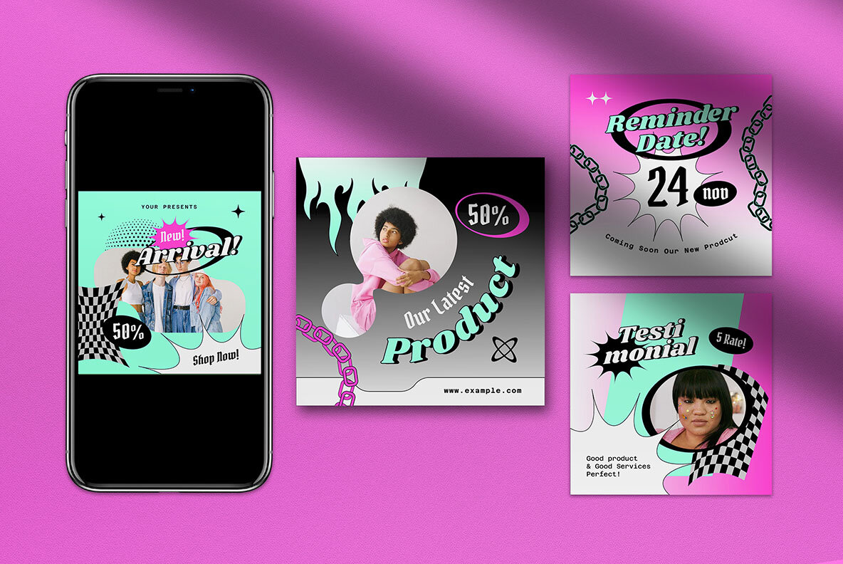 Cyan Pink Y2K Grunge Engagement Instagram Pack 4