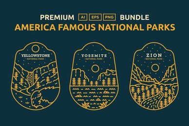 America Famous National Parks Monoline Vector Illustration