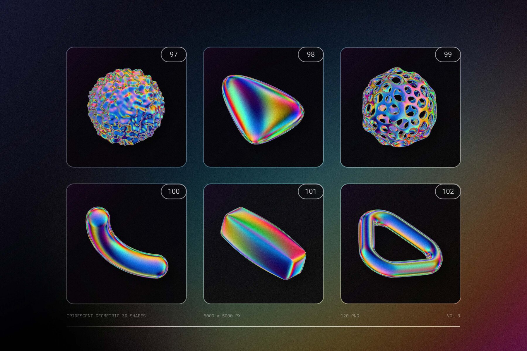 120 Iridescent geometric 3D shapes pack Vol 3 25