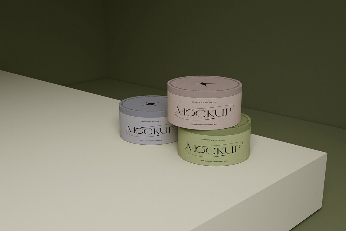 3 Round   ardboard Boxes Photoshop Mockups 2