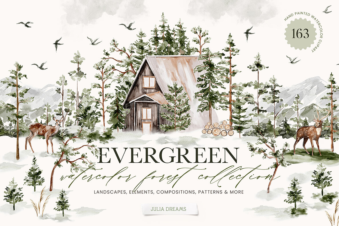 Evergreen Watercolor Forest Collection 1