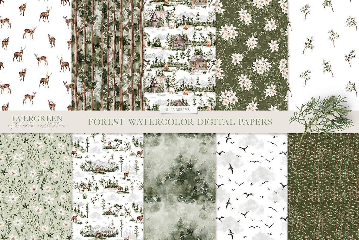 Evergreen Watercolor Forest Collection 5