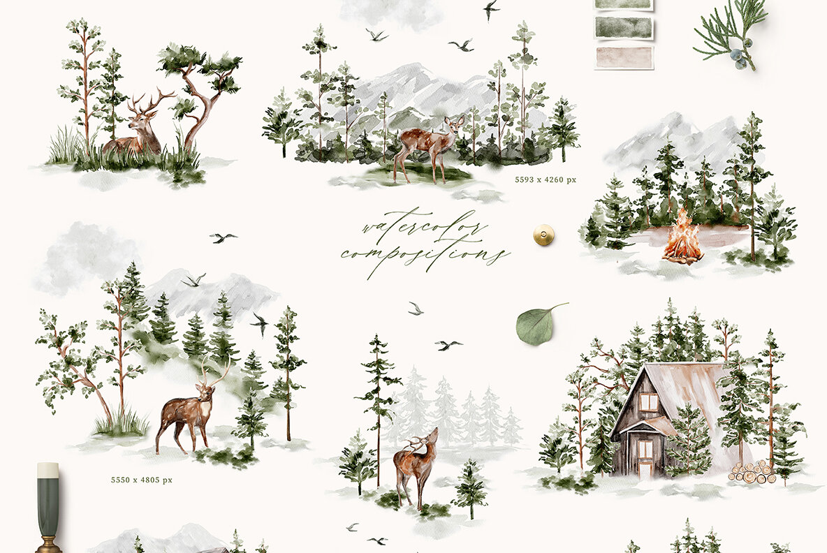 Evergreen Watercolor Forest Collection 6