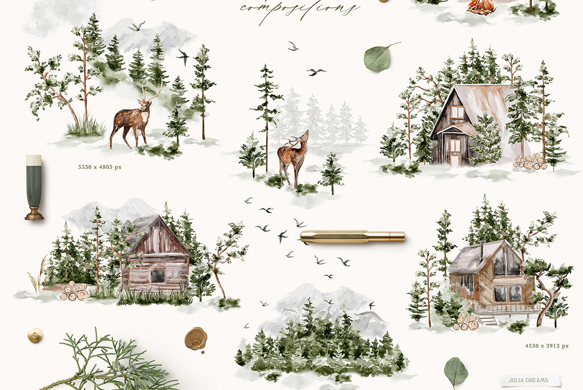 Evergreen Watercolor Forest Collection 7