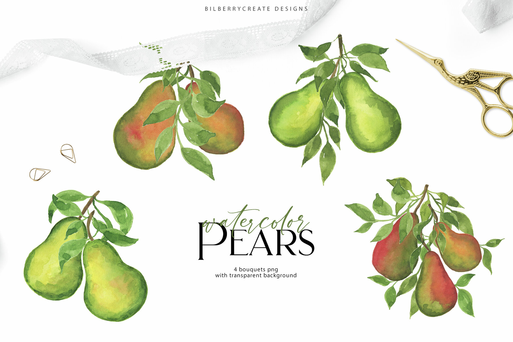 Watercolor Pears art set 6