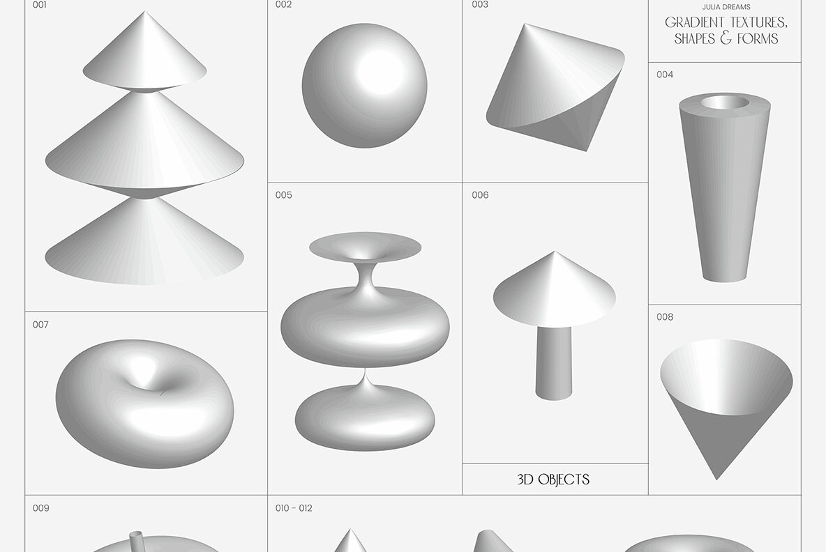 Gradient Textures   Shapes   3D Objects   Letters 25