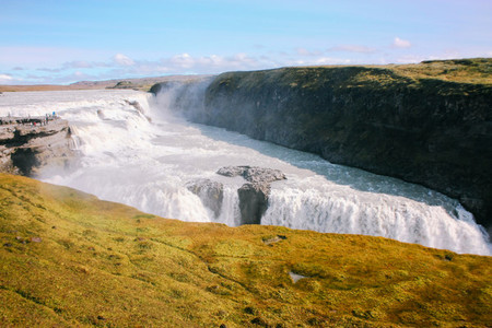 Gullfoss waterfall with moss in Iceland
