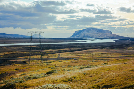 Iceland nature and mountain landscape with electic post
