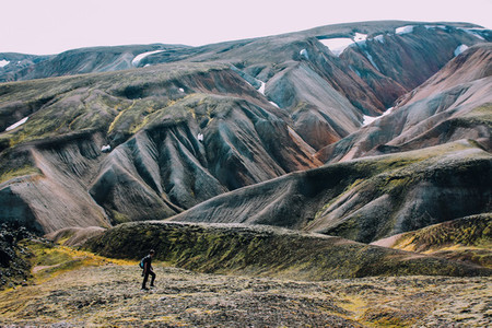 Icelandic landscape with mountain tourist in Landmannalaugar