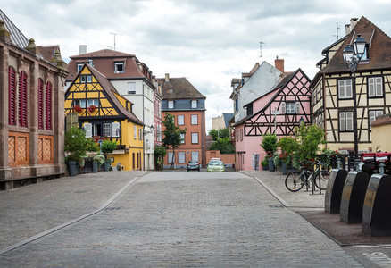 COLMAR  FRANCE   JUNE  20 Colorful timbered traditional french houses and empty road in Colmar  Alsace region  France
