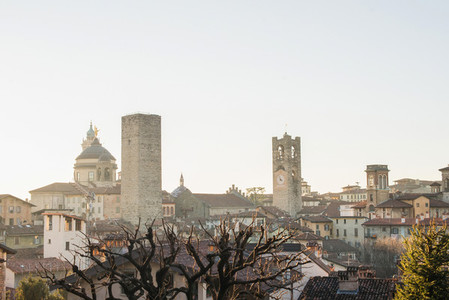 View over Citta Alta or Old Town buildings in the ancient city of Bergamo  Lombardia  Italy on a clear day