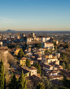 View over Citta Alta or Old Town buildings in the ancient city of Bergamo  Lombardia  Italy on a clear day  taken from San Virgilio point