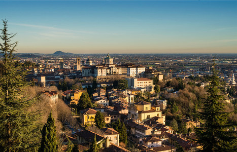 View over Citta Alta or Old Town buildings in the ancient city of Bergamo Lombardia Italy on a clear day taken from San Virgilio point