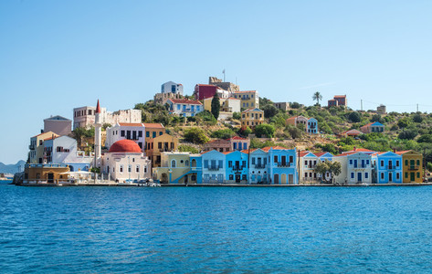Kastellorizo island  Dodecanese  Greece  Colorful Mediterranean architecture on a sunny clear day