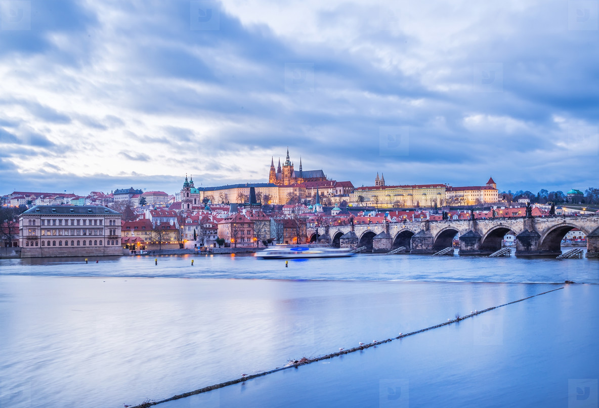 Evening view of the old Prague castle, Charles bridge and Mala Strana side
