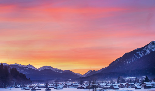 Colotful winter sunset in Garmisch Partenkirchen in Bavarian Alp