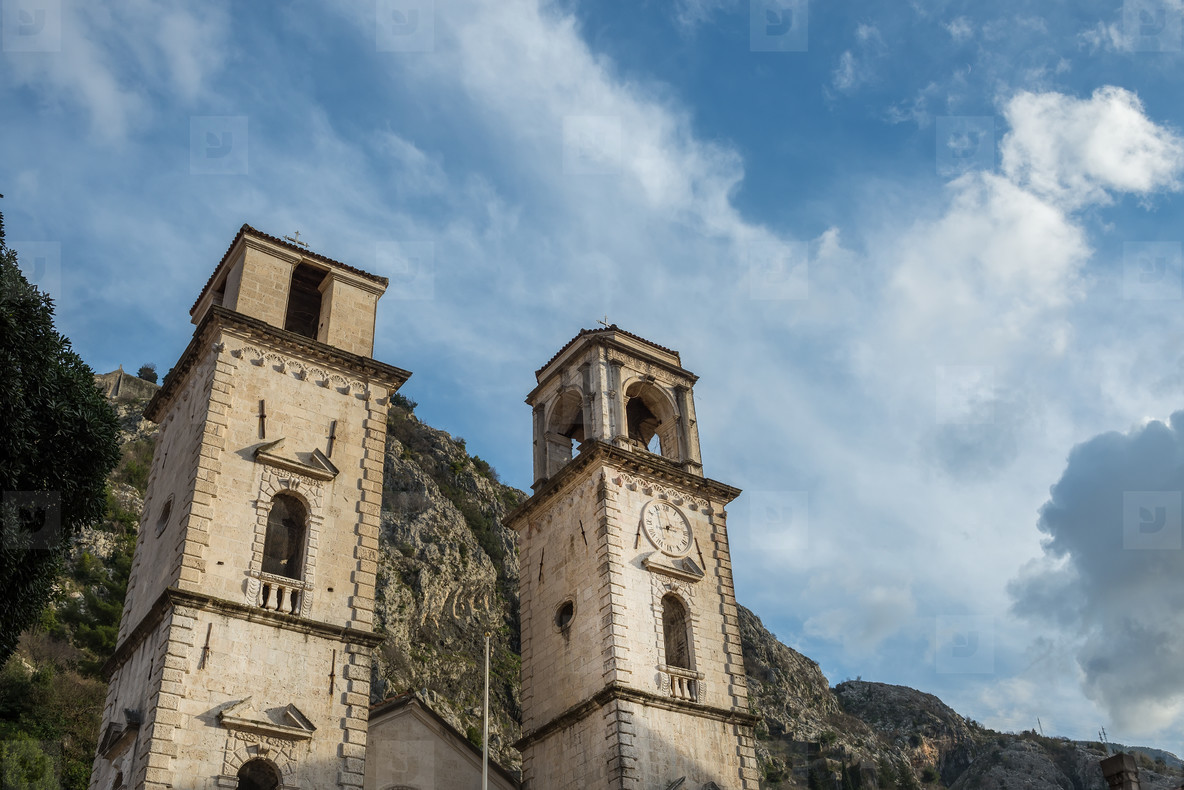 Tower with a clock in the old city of Kotor  Montenegro