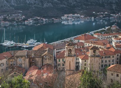 The view over the red roofs and yachts of Kotor  Montenegro  fro