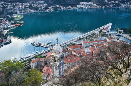 The view over the town of Kotor  Montenegro  the old chapel  the
