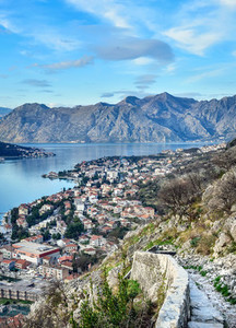 The view over the town of Kotor  Montenegro  the bay and the mou