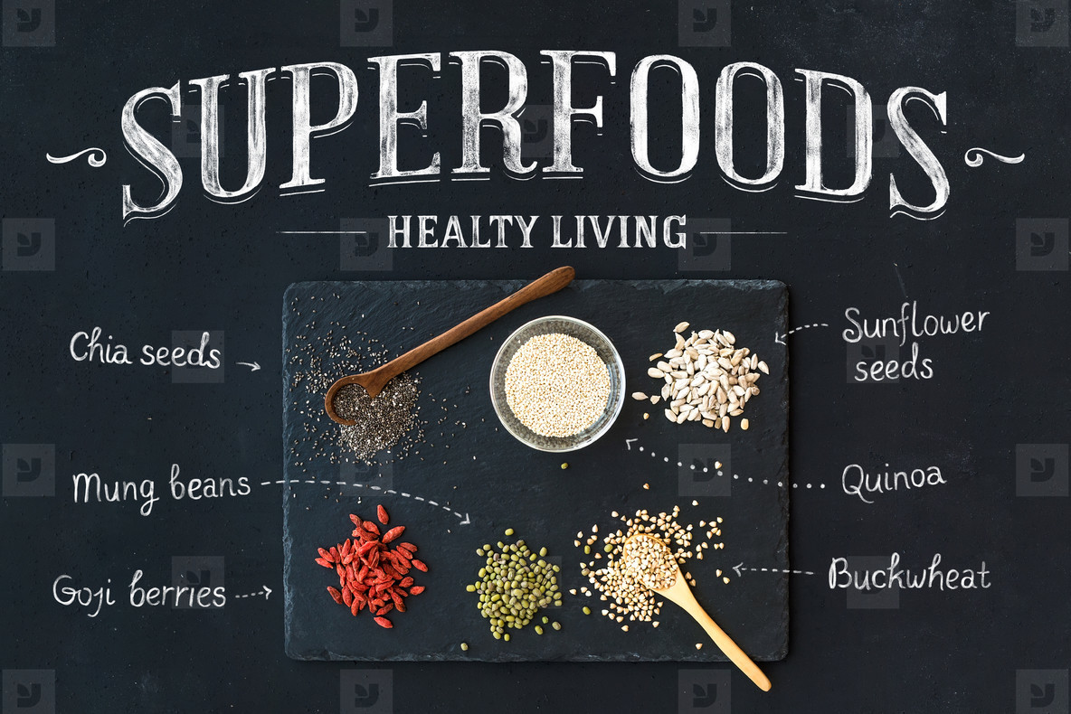 Superfoods on black chalkboard background: goji berries, chia, mung beans, buckwheat, quinoa, sunflower seeds. Top view, white lettering