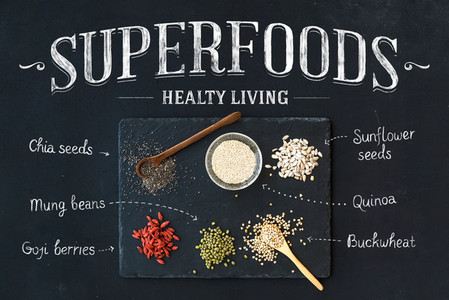 Superfoods on black chalkboard background goji berries  chia  mung beans  buckwheat  quinoa  sunflower seeds  Top view  white lettering