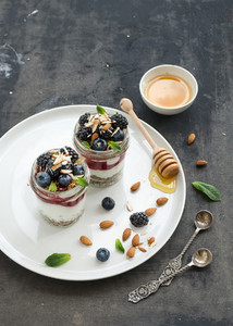 Yogurt oat granola with berries honey and nuts in glass jars dark grunge background