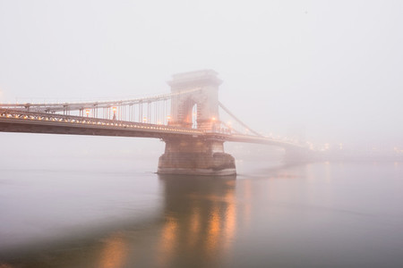 Chain Bridge in Budapest Hungary the fog evening lights