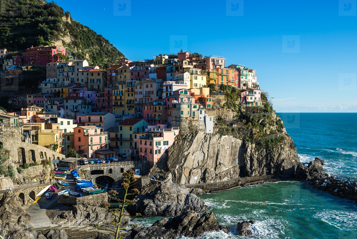 Scenic view of Manarola village and the sea in Liguria region Cinque Terre northern Italy on clear day