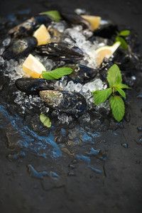 Fresh uncooked mussels with lemon herbs and spices on chipped ice over dark slate stone backdrop