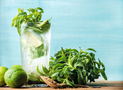 Mojito summer cocktail in tall glass with mint brown sugar and limes