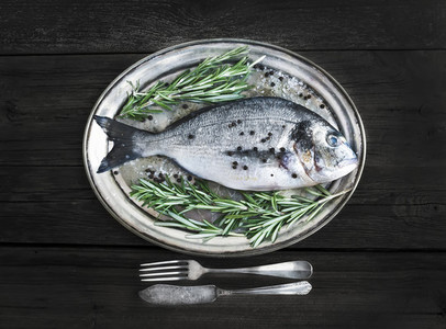 Fresh sea fish sea bream on a metal dish with rosemary and spi