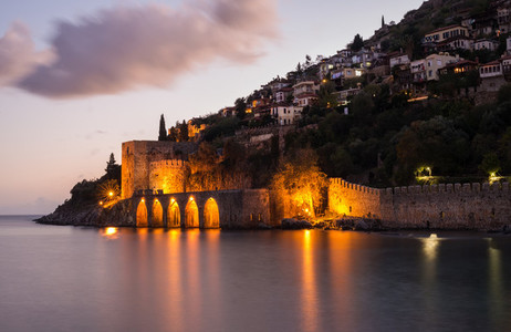 Evening view of harbour  fortress and ancient shipyard in Alanya  Turkey