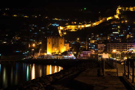 Night view of harbour  fortress and ancient shipyard in Alanya  Turkey