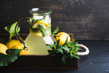 Homemade mint lemonade served with fresh lemons and ice over wooden background  top view  copy space