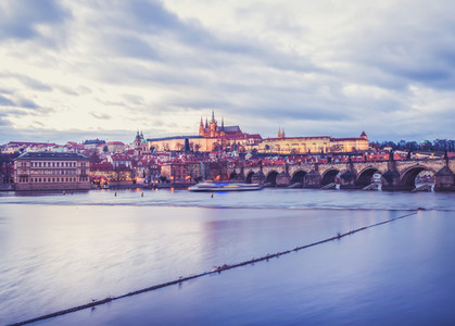 Evening view of the old Prague castle  Charles bridge and Mala Strana side