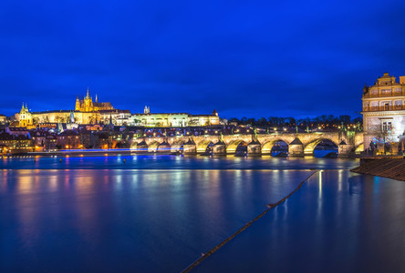 Evening view of the Prague castle  Charles bridge and the Vltava