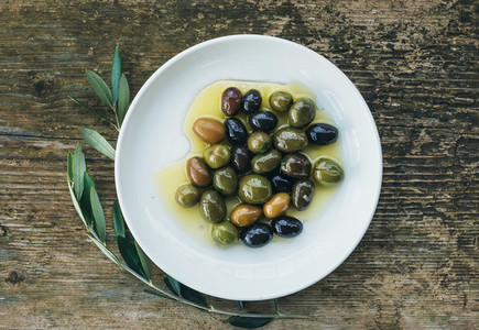 A plate of Mediterranean olives in olive oil with a branch of ol