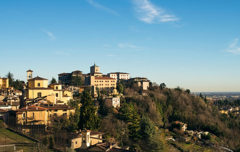 View over Citta Alta or Old Town buildings in the ancient city of Bergamo  Lombardia  Italy on a clear day