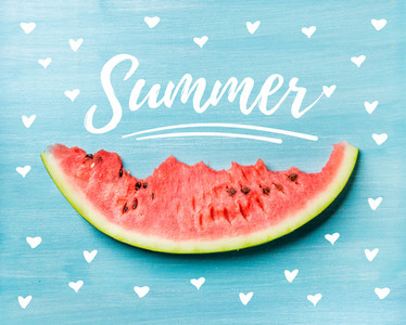 Summer concept illustration  Slice of watermelon on turquoise blue background  top view
