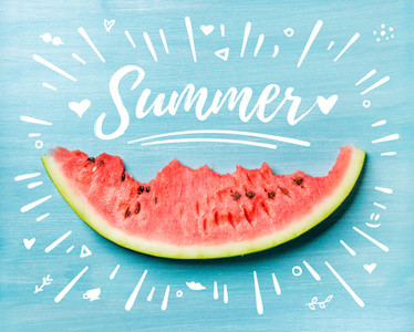 Summer concept illustration  Slice of watermelon on turquoise blue background  top view