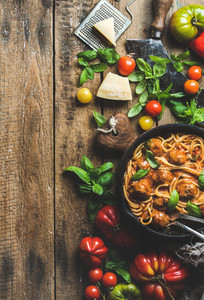 Italian pasta spaghetti with tomato sauce and meatballs