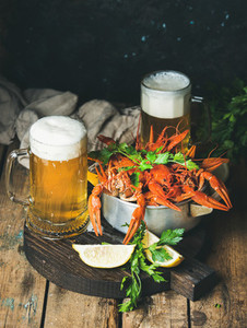 Wheat beer and boiled crayfish with lemon parsley
