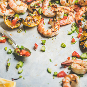Grilled tiger prawns with lemon and mint salsa square crop