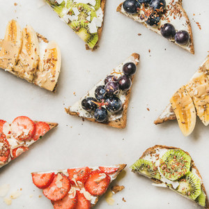 Healthy breakfast toasts cut in pieces square crop