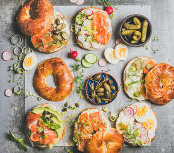 Variety of bagels with different fillings for breakfast or takeaway